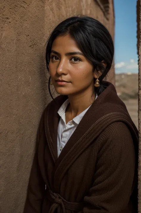 bolivian woman, medium short black hair, small brown eyes, small nose, thesis morena clara