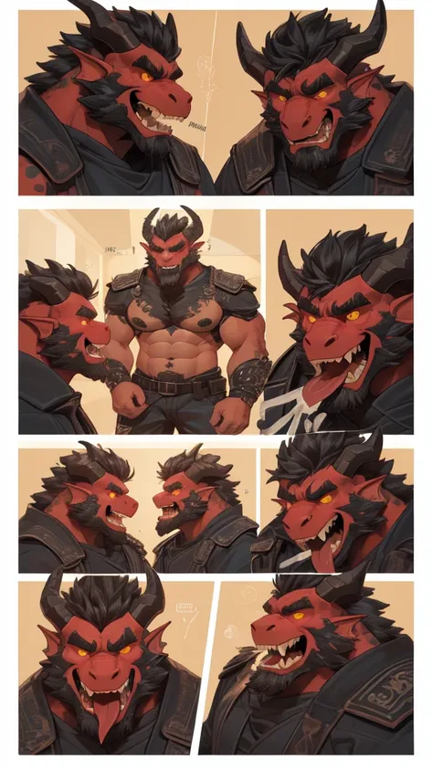 ((Um no, Pumped male demon with hairy dragon appearance and yellow eyes dawns with the (red skinned) e um corpo humanóide com feições feias que mostra sua força Intimidating Enforcera cheia de luxúria e malícia mostrando sua língua preta e dentes afiados b...