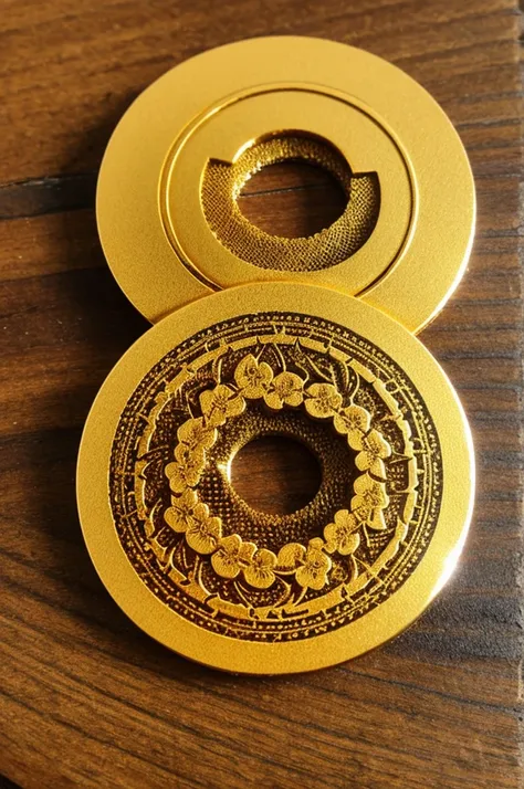 A golden circle sticker that is shiny amd vibrant with a bee hive carved into it