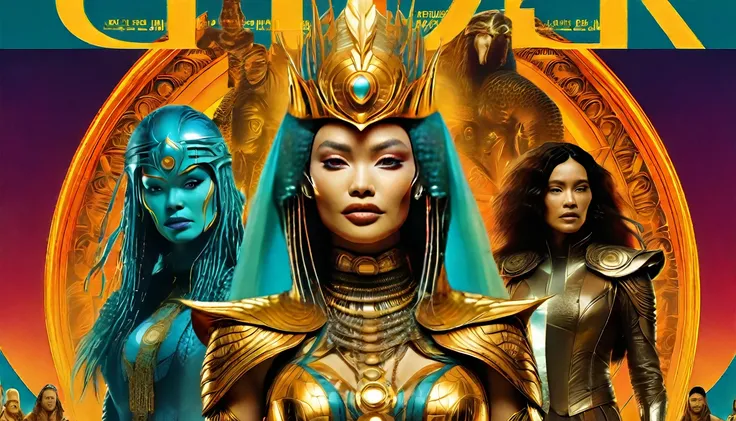 a movie poster for Heavy Metal Magazine, inspired by Clyde Caldwell, futuristic apocalypse, ate blanchett as medieval queen, gold and teal color scheme, scene from live action movie, of a futuristic woman selknam, shanina shaik as medusa, cyberpunk outfits...