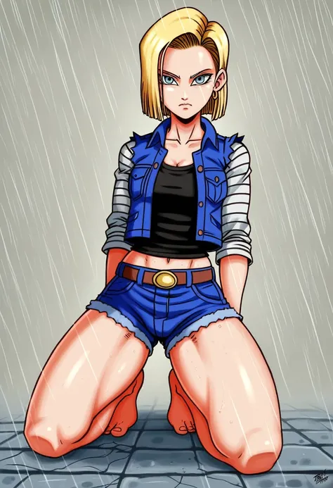 (masterpiece, best quality:1.2), Android 18, blonde hair, 1girl, Unbuttoned short shorts, barefoot, White background, masterpiece, best quality, absurdres, highres, 4k, ray tracing, perfect face, perfect eyes, intricate details, highly detailed, (best qual...