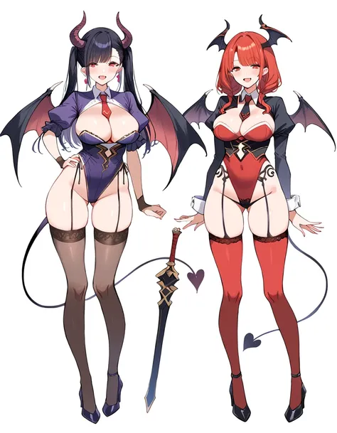 3 girls, variety of hairstyles, variety of bangs, high fantasy costume, ((white background)), full body, multiple views, succubus,  thong, shrug, leotard, cleavage, tie, 