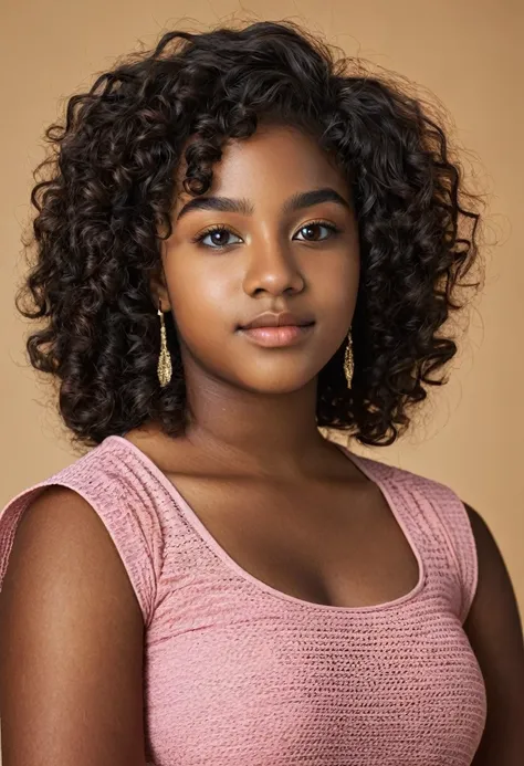 A 17-year-old black woman, dark skin black curly hair, fat physical shape,lightbrown eyes,