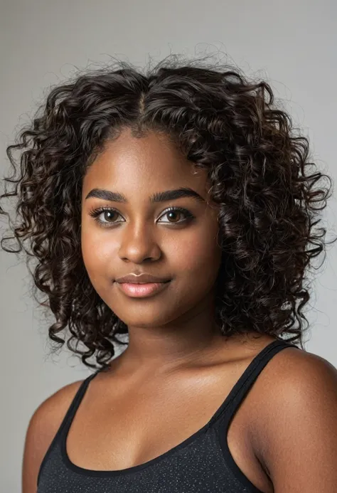 A 17-year-old black woman, dark skin black curly hair, fat physical shape,lightbrown eyes,