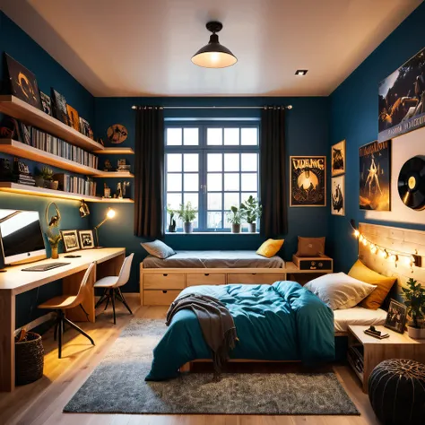 inside of a viking music lover teenagers room, there is a bed, radiant evening light
