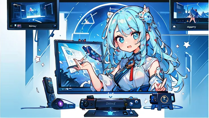 1girl, viewer behind the girl, face partially visible, viewer and girl looking at monitor, playing videogames, holding controller, happy, excited, tmasterpiece,best qualtiy，Ultra-high resolution, ((Clear facial features，beautidful eyes，beauitful face, Exqu...