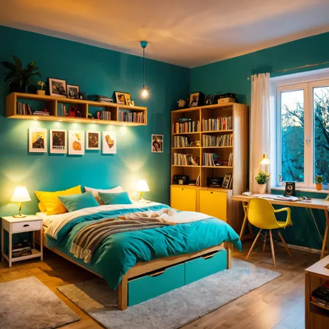 inside of a hungarian music lover teenagers room, there is a bed, radiant evening light
