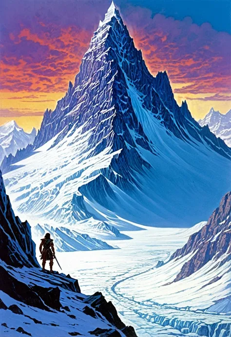 fantasy litography, Clyde Caldwell, a somber citadel sits on top of a glacier, the god Jergals face can be seen in the background, Dungeons & Dragons