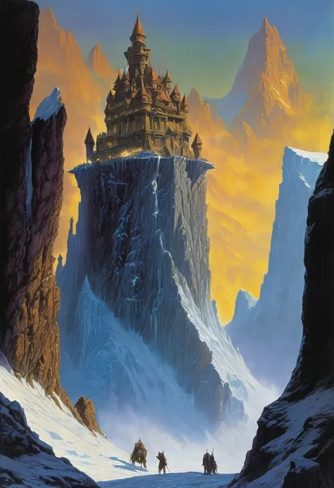 fantasy litography, Clyde Caldwell, a somber citadel sits on top of a glacier, the god Jergals face can be seen in the background, Dungeons & Dragons