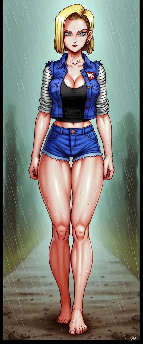 (masterpiece, best quality:1.2), Android 18, blonde hair, 1girl, Unbuttoned short shorts, barefoot, large breasts, dirt road, countryside, masterpiece, best quality, absurdres, highres, 4k, ray tracing, perfect face, perfect eyes, intricate details, highly...