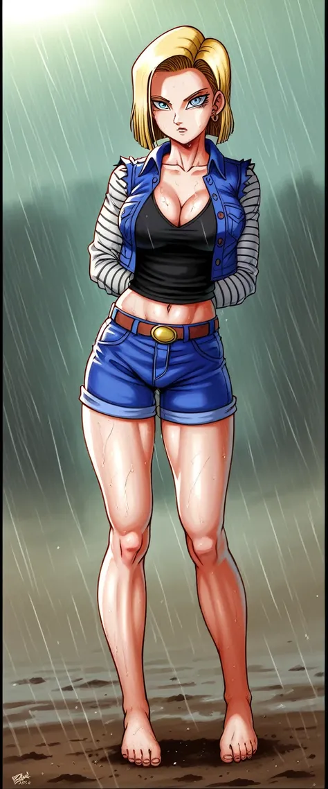 (masterpiece, best quality:1.2), Android 18, blonde hair, 1girl, Unbuttoned short shorts, barefoot, large breasts, dirt road, countryside, masterpiece, best quality, absurdres, highres, 4k, ray tracing, perfect face, perfect eyes, intricate details, highly...