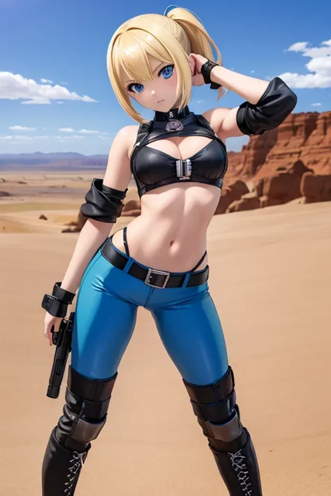 Perfect Anatomy　Highest quality,Highest Resolution,(((hot pants　boots)))　Metal Max 2:Reloaded　Lena　gun　Blonde　short　Blue Eyes　C Cup　16 years old　end of the century　desert