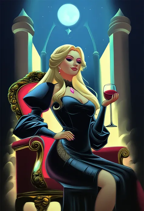 1girl, black dress, holding wineglass, sitting on a royla throne, throneroom, blonde hair, long hair, dusk, midnight, moonlight reflection, from below, air of superiority