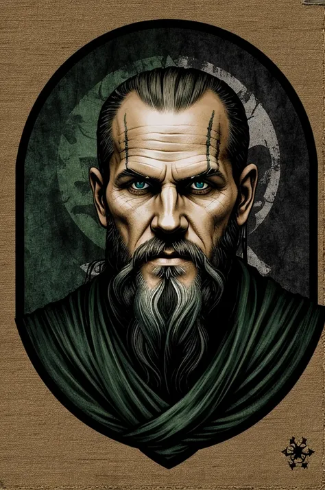 Create a patch with reference to floki the viking, mystical that the main colors are black and dark green