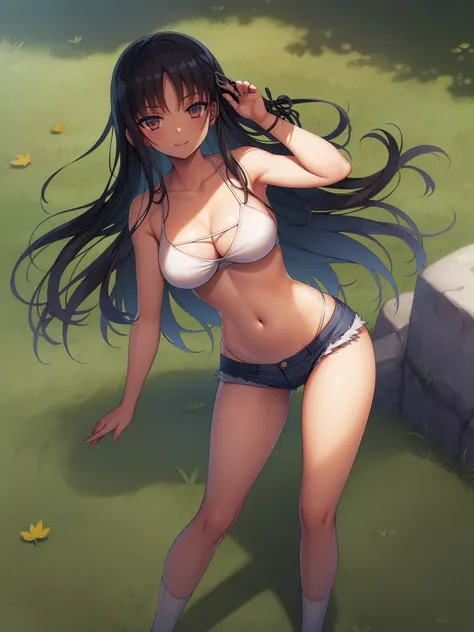 (8K, Highest quality, Highest quality, masterpiece), standing, 1girl, solo girl, only 1 girl)), fullbody, solo, cowboy shot, aasuzune, long hair, black hair, hair loose in the wind, leafs in the air, (dusk), bikini top, white bikini, black thighhighs, ((sm...