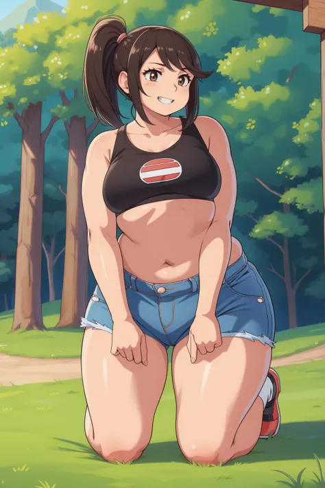 masutepiece, Best Quality, hight resolution, 1girl in, hilda (A pokémon),Solo, Shorts, poneyTail, Midriff, Navel, Short hair, denim, Denim shorts, Cowboy Shot, Outdoors, Small breasts, Externally expanded Chest, ((((On all fours)))), ((downbrouse))、Look at...