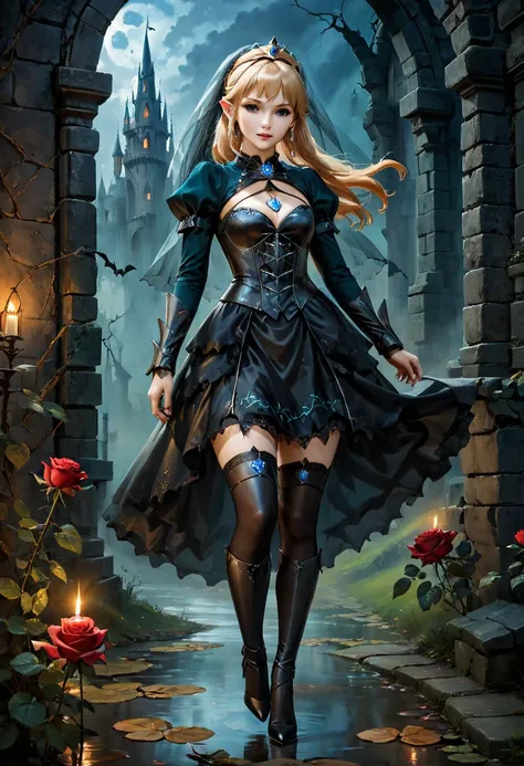 Dark fantasy art, fantasy art, goth art,  a picture of the elf Princess Zelda as vampire, exquisite beauty, full body shot, dark glamour shot, pale white skin, blond hair, long hair, wavy hair, (glowing green: 1.3) eyes, she  wears a (green: 1.3) intricate...