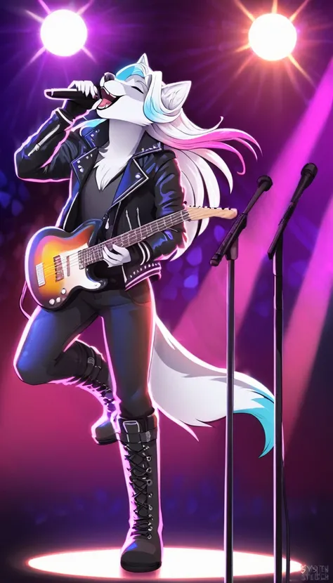 solo, a beautiful wolf, with long flowing white hair with blue and pink highlights, lead singer of a rock band, stylish outfit, wearing a jacket, pants and boots, singing, show, play of lights, happy expression, hourglass body, dynamic light
