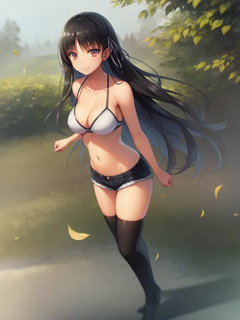 (8K, Highest quality, Highest quality, masterpiece), standing, 1girl, solo girl, only 1 girl)), fullbody, solo, cowboy shot, aasuzune, long hair, black hair, hair loose in the wind, leafs in the air, (dusk), bikini top, white bikini, black thighhighs, ((sm...