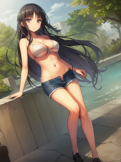 (8K, Highest quality, Highest quality, masterpiece), standing, 1girl, solo girl, only 1 girl)), fullbody, solo, cowboy shot, aasuzune, long hair, black hair, hair loose in the wind, leafs in the air, (dusk), bikini top, white bikini, black thighhighs, ((sm...