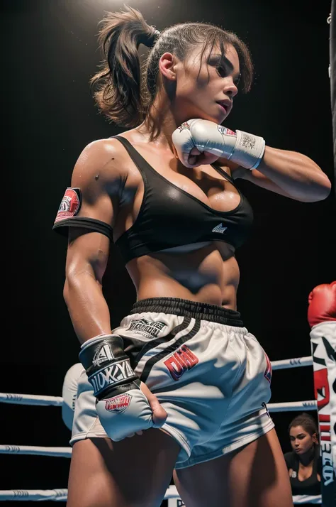 A 18 year old female boxer punching another 18 year old female boxer, topless, short messy hair, boxing shorts, boxing pose, curvy figure, voluptuous body, athletic, large breasts, boxing gloves, sweating, boxing ring, dramatic lighting, ultra-detailed, 8k...