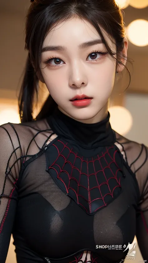 tmasterpiece,1 Korean girl，realisticlying，8K  UHD，high high quality，in the background bokeh, spider-man suit，Spidey，Clothes wrap around the whole body，Tight clothing，Abs contour，Short black hair，s the perfect face，shining face，Ultra-clear face，Elaborate Ey...