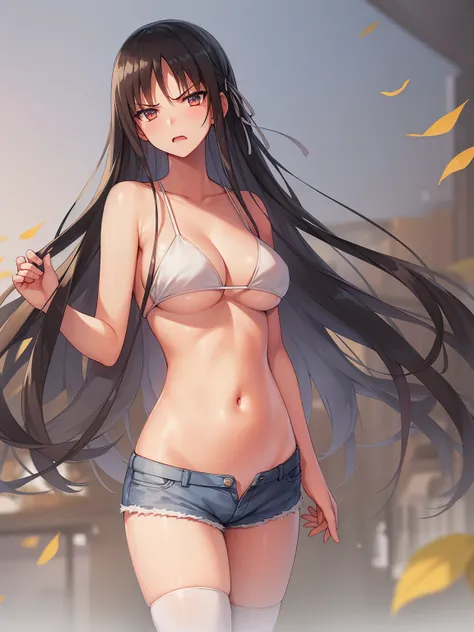 (8K, Highest quality, Highest quality, masterpiece), standing, 1girl, solo girl, only 1 girl)), fullbody, solo, cowboy shot, aasuzune, long hair, black hair, hair loose in the wind, leafs in the air, (dusk), bikini top, white bikini, black thighhighs, ((je...