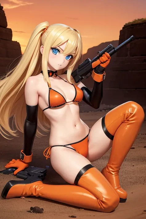 Perfect Anatomy　Highest quality,Highest Resolution,(((Dark orange bikini　Thigh-high boots)))　Metal Max 2:Reloaded　Mishka　gun　Blonde　long hair　Blue Eyes　D Cup　20-year-old　end of the century　desert　Warrior　cool