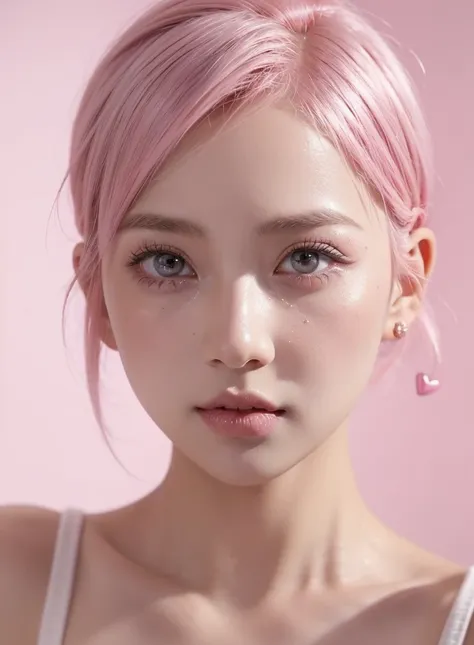 cute girl with short pink hair,  her hair is all short and pink. , with her pink star hair clip, light colored eyes, beautiful e...