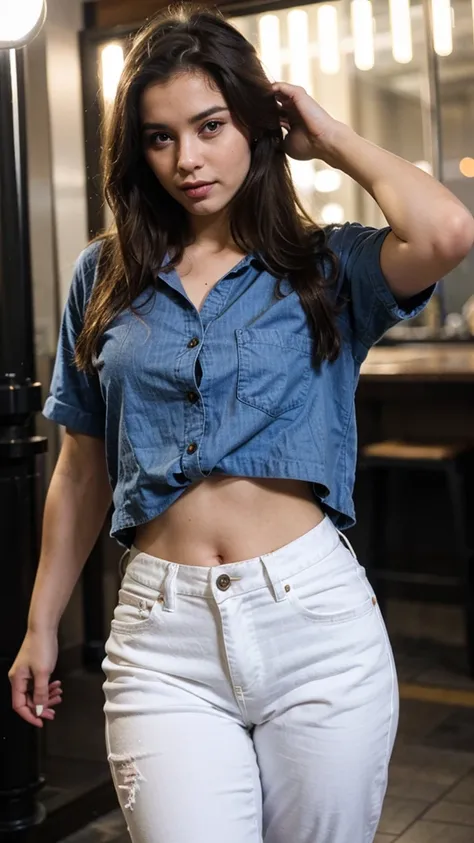 Cute beautiful sexy brunette, 22 years old, 
arafed woman with long brown hair and a blue shirt, sexy, ultra-realistic, Instagram female model,
party background, photorealistic, blue shirt, white jean, chemise, sexy, pantalon blanc
à une fête, summer party...