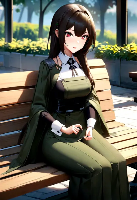 Anime style image of a woman in a dress sitting on a bench, 来自Girls Frontline, Fine details. Girls Frontline, Girls Frontline风格, Girls FrontlineCG, Blue Lane Style, From《Azur Lane》Electronic games, Girls Frontline, Hot topics on artstation pixiv, 《Azur Lan...