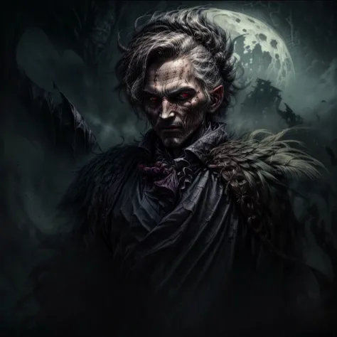 image of a man in a dark suit against the backdrop of the full moon, dark fantasy portrait, portrait of a blood hunter, Stefan Koidl inspired, dark fantasy art, dark fantasy character design, Fantasy portrait, Epic fantasy portrait, portrait of the old nec...