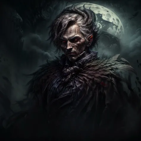 image of a man in a dark suit against the backdrop of the full moon, dark fantasy portrait, portrait of a blood hunter, Stefan Koidl inspired, dark fantasy art, dark fantasy character design, Fantasy portrait, Epic fantasy portrait, portrait of the old nec...