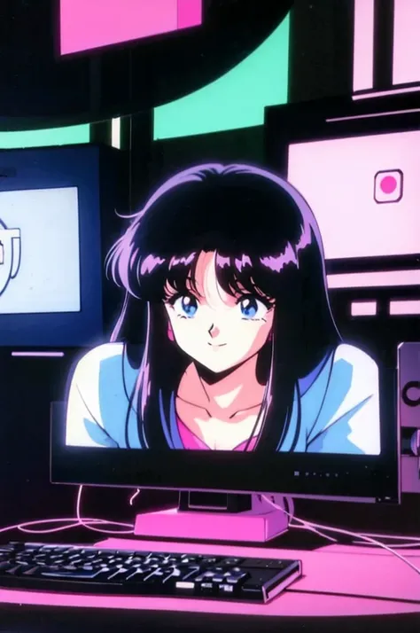 1990s (style), 1980s (style), anime girl, smiling, long black hair, retro computer, vaporwave aesthetic, neon lights