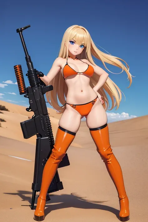 Perfect Anatomy　Highest quality,Highest Resolution,(((Dark orange bikini　Thigh-high boots)))　Metal Max 2:Reloaded　Mishka　gun　Blonde　long hair　Blue Eyes　D Cup　20-year-old　end of the century　desert　Warrior　cool