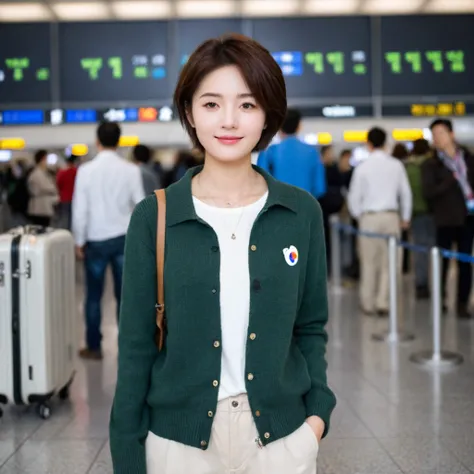 beautiful korean girl , 32 inch chest size, Your eyes are big and pretty. Short in stature. Standing in the departure hall of the airport. . short medium hair, Standing in line at the departure hall of Frankfurt Airport, Germany. He wore a white shirt, a g...