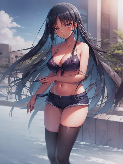 (8K, Highest quality, Highest quality, masterpiece), standing, 1girl, solo girl, only 1 girl)), fullbody, solo, cowboy shot, aasuzune, long hair, black hair, hair loose in the wind, leafs in the air, (dusk), micro-bikini top, white bikini, black thighhighs...