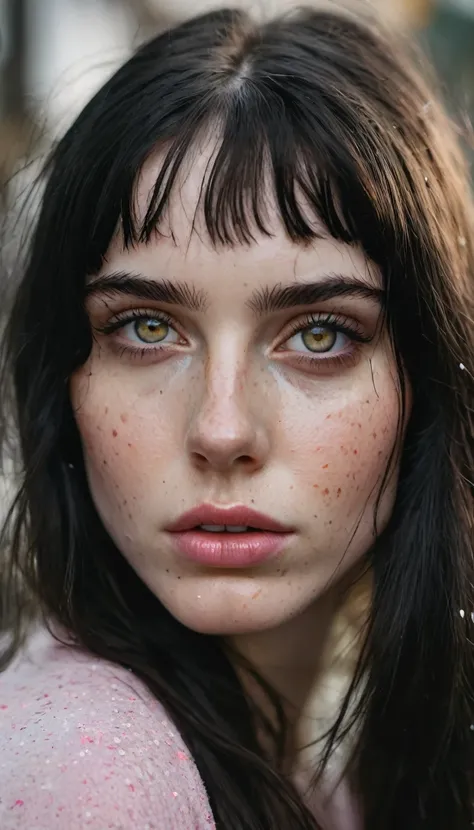 russian girl, yellow eyes, amber eyes, black hair, long hair, dark hair, freckles on the face, pale skin, White skin, fringe, fringe, serious face, pink lips, splattered nose, russian woman, beautiful