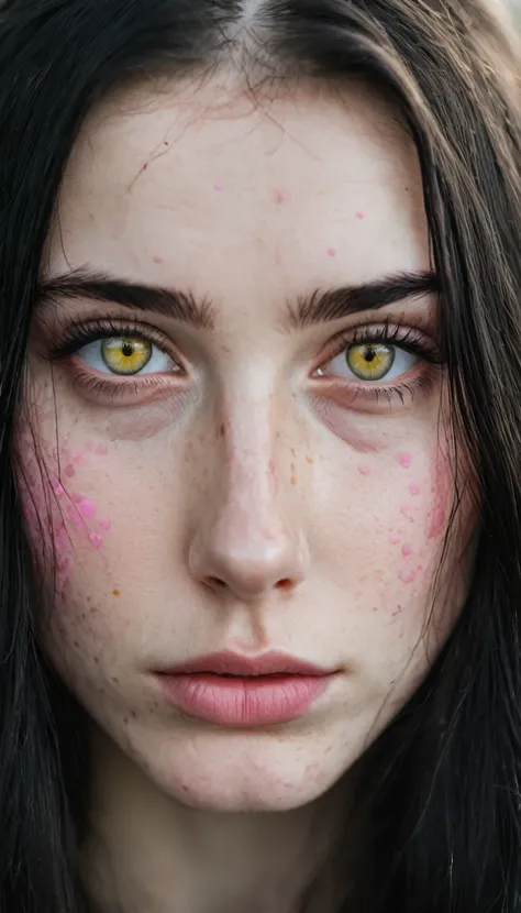 russian girl, yellow eyes, amber eyes, black hair, long hair, dark hair, freckles on the face, pale skin, White skin, fringe, fringe, serious face, pink lips, splattered nose, russian woman, beautiful