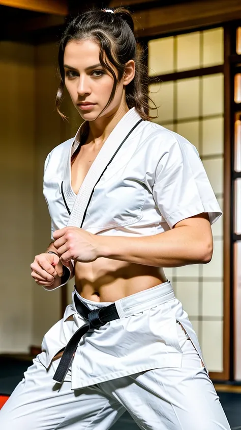 A dark-haired, hyper realistic, 1woman in, Empty-handed home,Detailed movements,athlete,fluid and powerful body,Wearing traditional karate gi,Black belt,Deep Focus,Master of martial arts, beautiful, goddess 