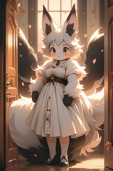 maid, maid uniform, fox ears, fox tail, voluptuous, powerful, plump, black fur, hallway, wooden walls, victorian style, blush, shy, standing in a door frame, bowing