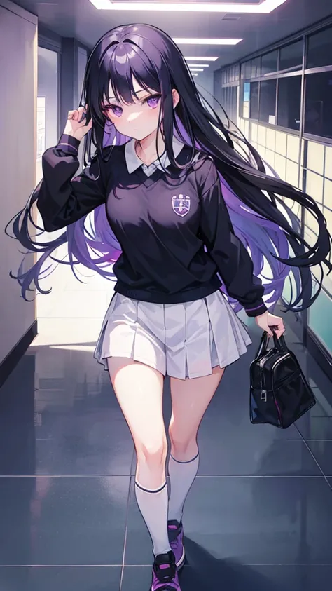 Girl with long black hair, purple eyes, UA uniform. High quality, HD. high resolution details. Walking through the halls of the UA academy. Anime style with the Boku No Hero Academi panel