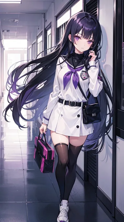 Girl with long black hair, purple eyes, UA uniform. High quality, HD. high resolution details. Walking through the halls of the UA academy. Anime style with the Boku No Hero Academi panel