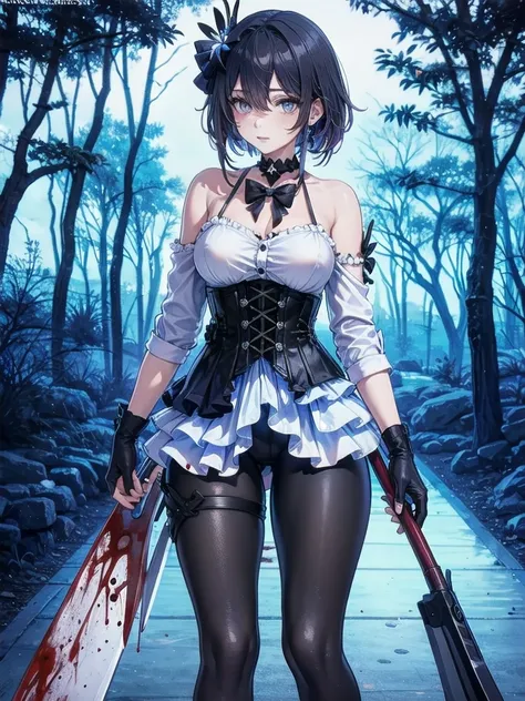 ((blood droplets)), ((blood)), ((blood splatter)), ((blood on clothes)), ((blood stain)), Masterpiece, Beautiful art, professional artist, 8k, Very detailed face, Detailed clothing, detailed fabric, 1 girl, Soul Fullness (Honkai Impact 3rd), front view, st...