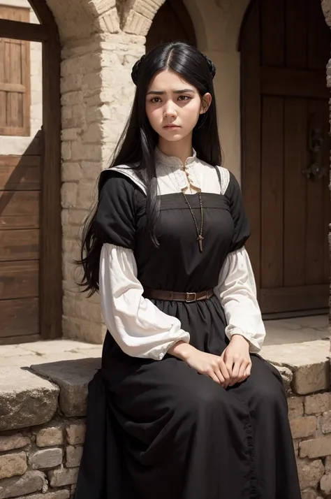 Medieval peasant beautiful young woman, black hair, sad face