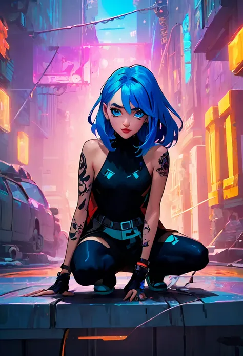 (masterpiece, 8k, uhd, high resolution: 1.4), jinx in the spider-verse style, (long, vibrant blue hair: 1.3), (bright and expres...