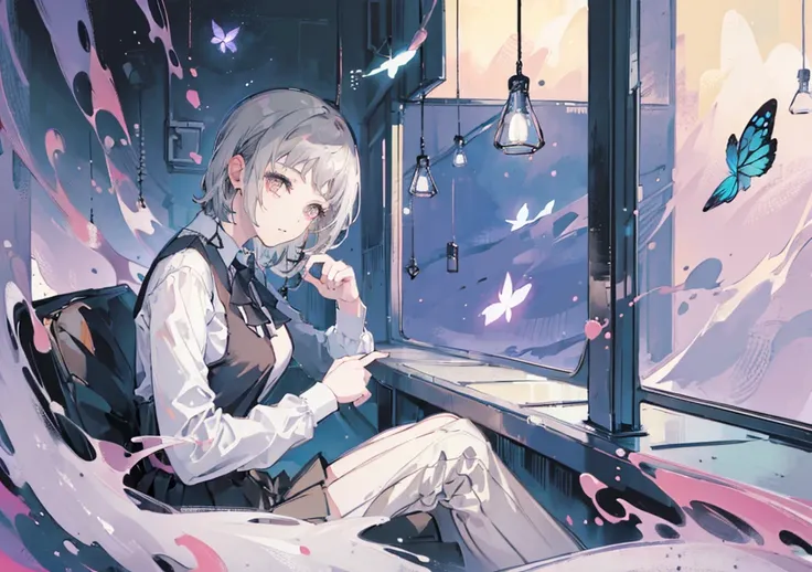 (masterpiece, top quality, best quality,official art, beautiful and aesthetic:1.2),(1girl:1.3), gray hair, butterflys