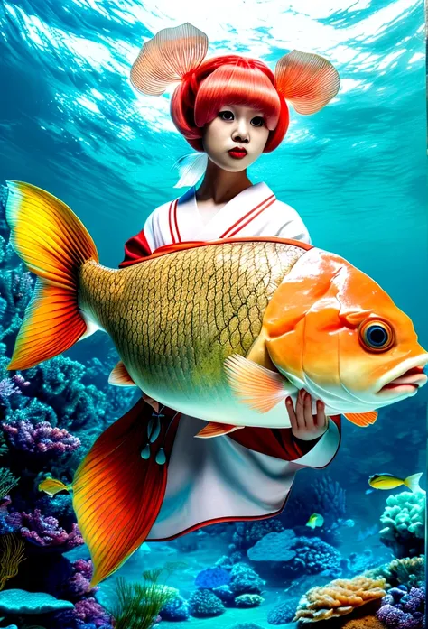 a carp with a wig, with a backdrop under the sea with a Japanese dress