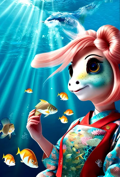 a carp with a wig, with a backdrop under the sea with a Japanese dress