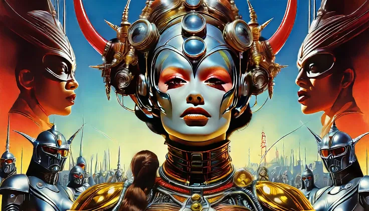 a movie poster for slave girls from beyond infinity, inspired by Clyde Caldwell, futuristic apocalypse, stalenhag, metal album cover, gwar, heavy metal band promo, wayne barlowe pierre pellegrini, retro sci fi, movie poster no text, movie poster promo, ult...